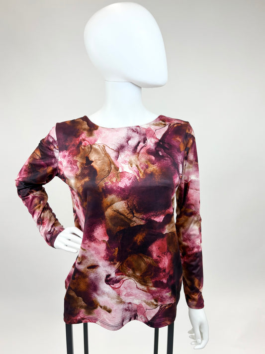 Langarmshirt mit Aquarell-Print in Rot- und Brauntönen, Gr. 34-40