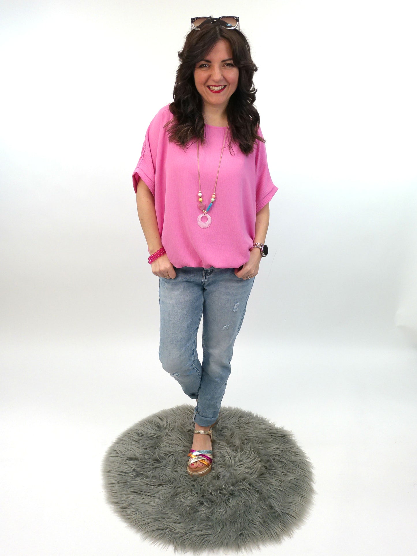 Bluse kurzarm mit Kette pink, Gr. 36-42