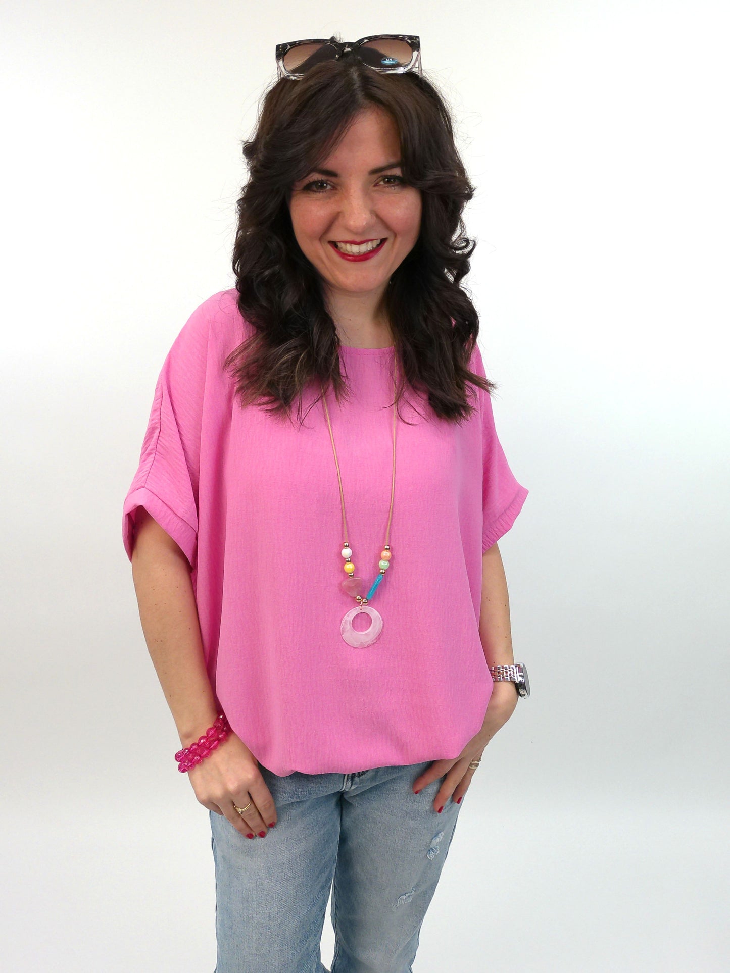 Bluse kurzarm mit Kette pink, Gr. 36-42