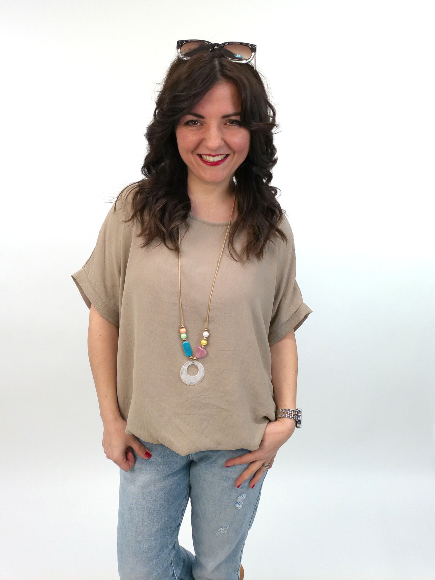 Bluse kurzarm mit Kette taupe, Gr. 36-42