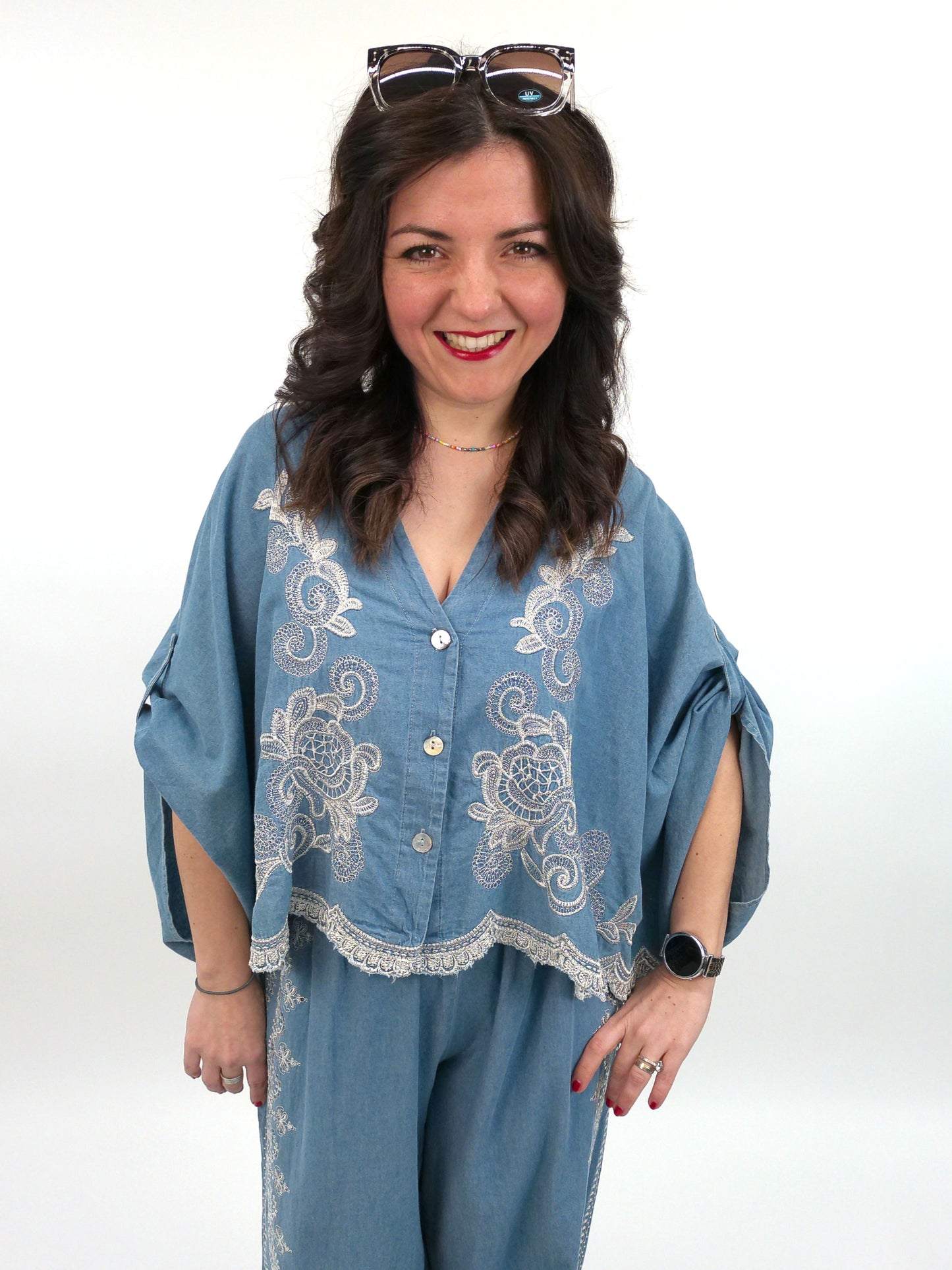 Bluse weit Ornamente jeansblau, Gr. 36-42