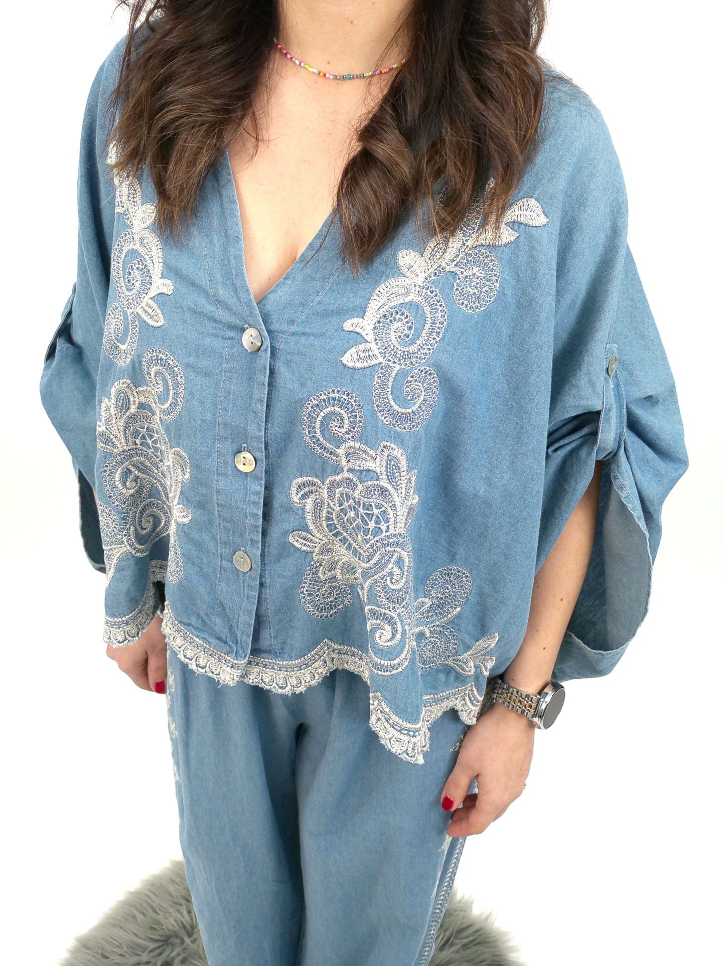 Bluse weit Ornamente jeansblau, Gr. 36-42