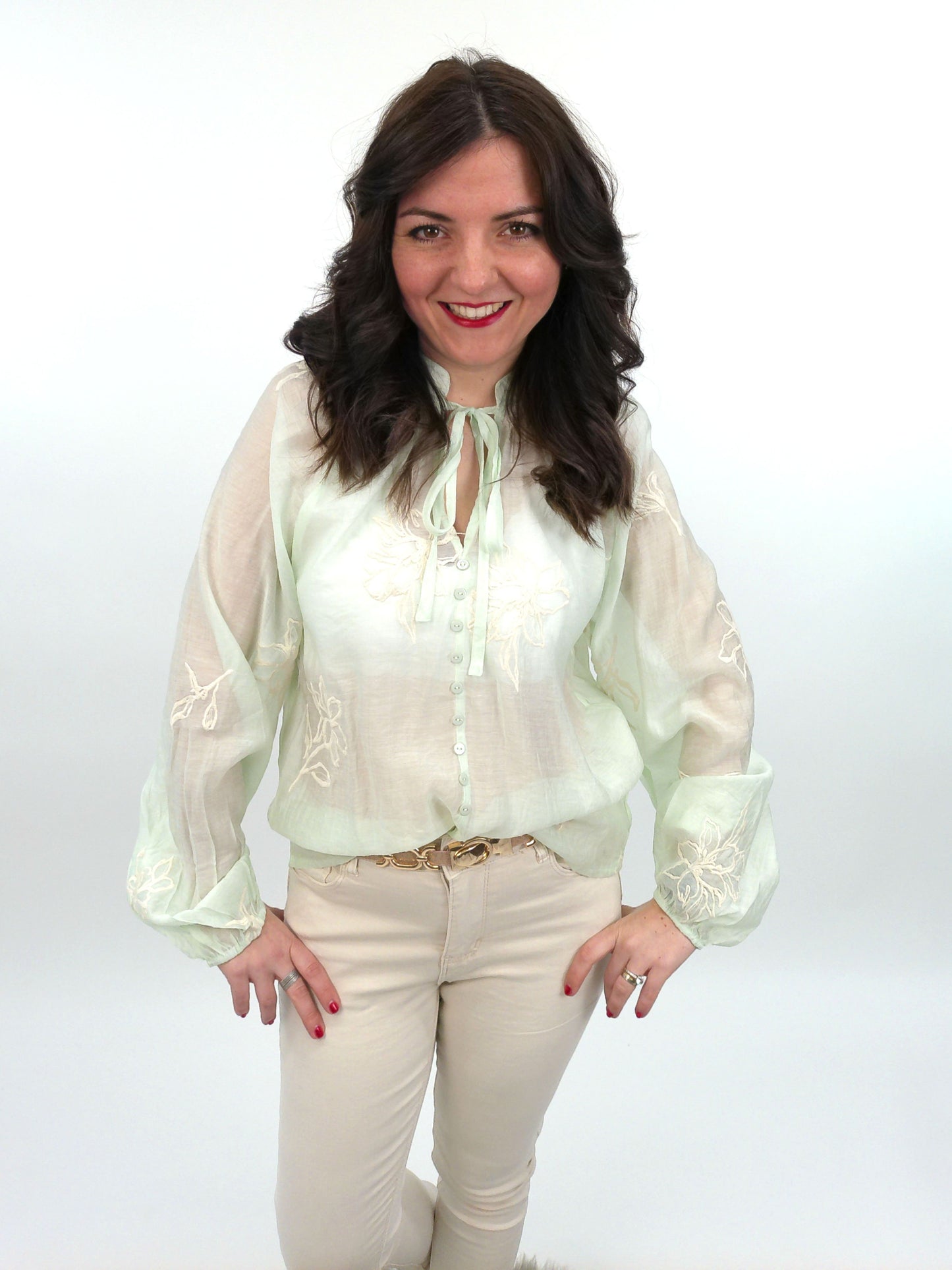Bluse Stickerei Blumen mint, Gr. 36-42