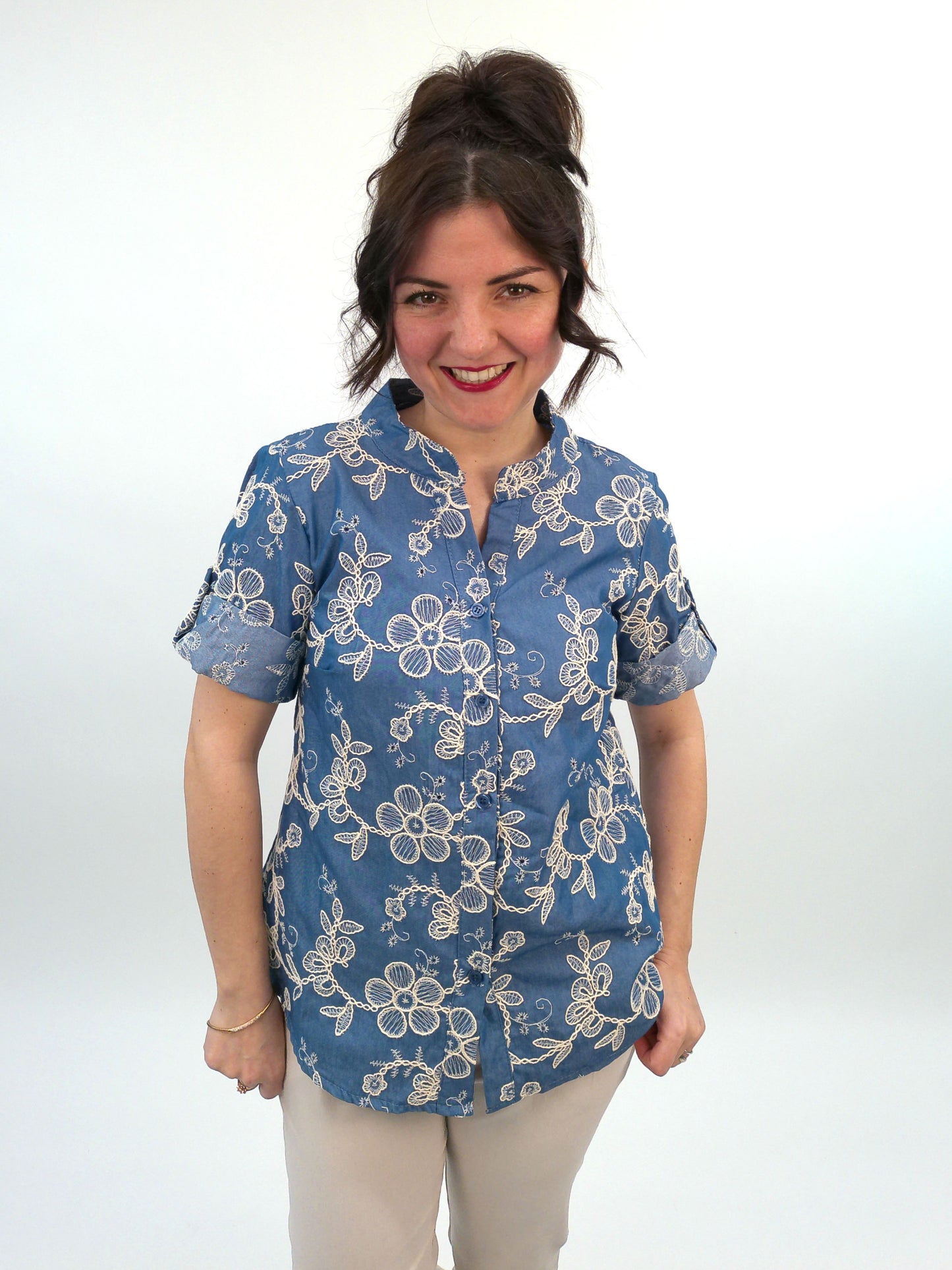 Jeans-Bluse Stickerei, Gr. 36-46