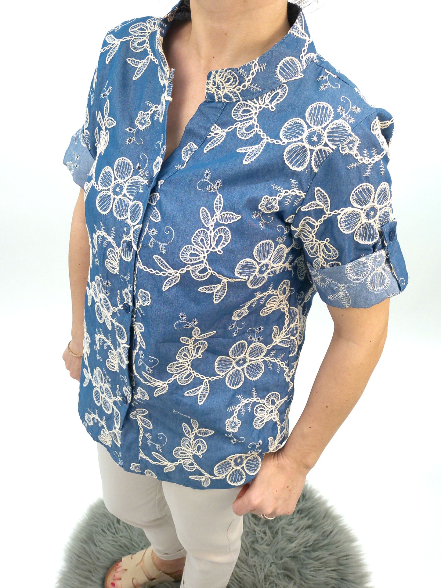 Jeans-Bluse Stickerei, Gr. 36-46