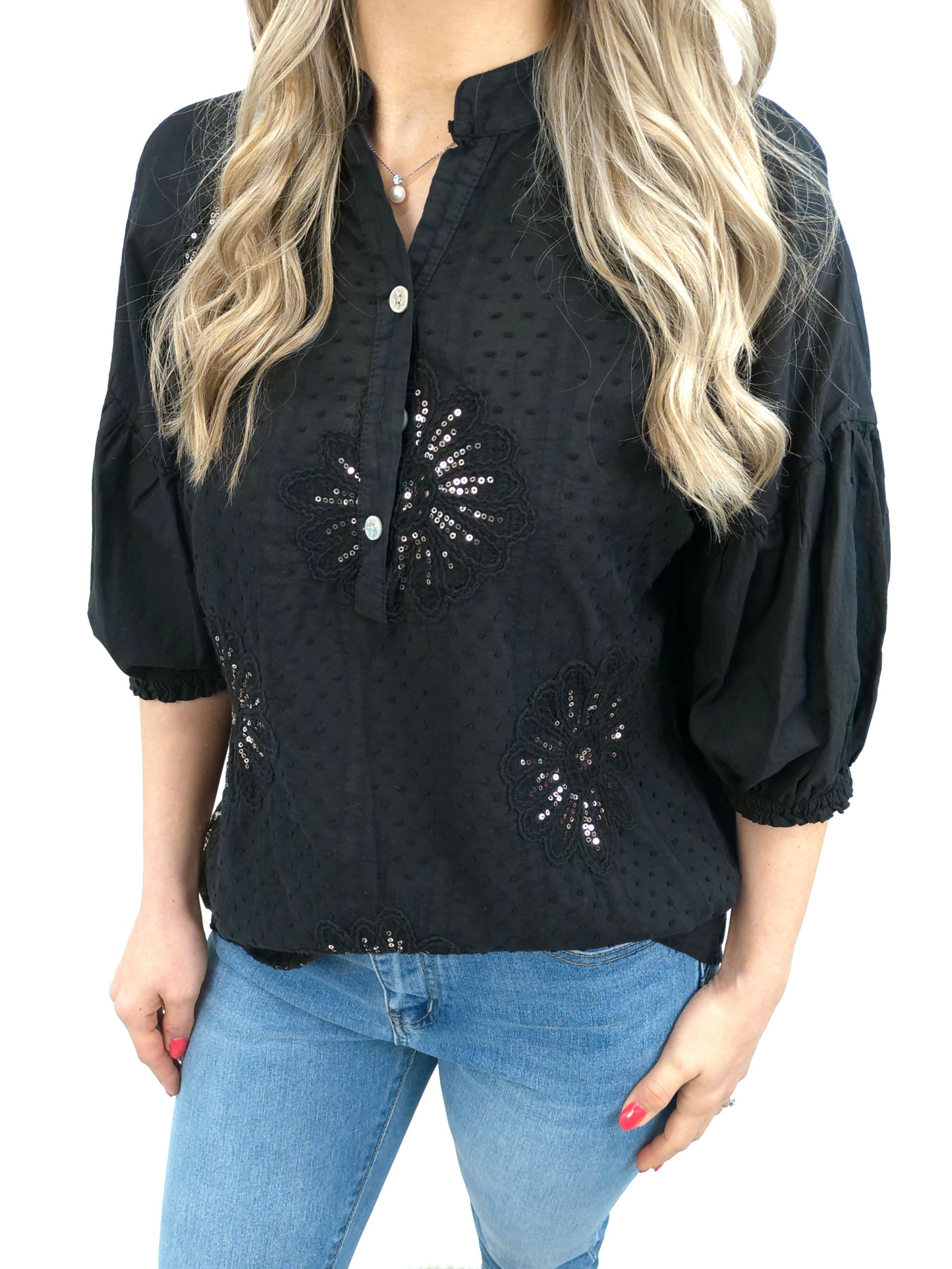 Bluse Blüten schwarz, Gr. 36-42
