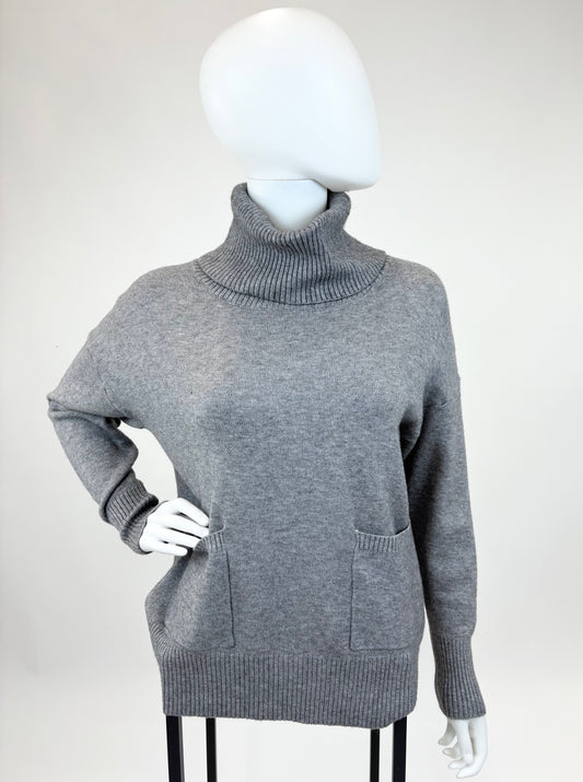 Strickpullover in Grau mit Schalkragen und Taschen , Gr. 36-42