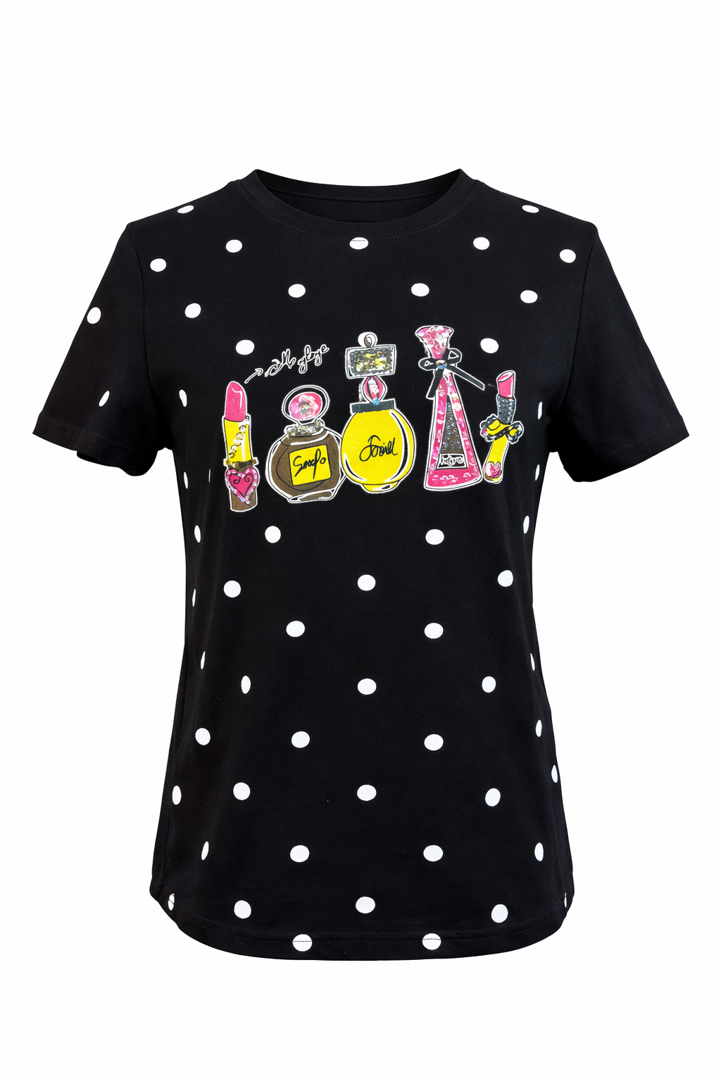 T-Shirt mit Polka Dots & Beauty-Print schwarz, Gr. 36-38