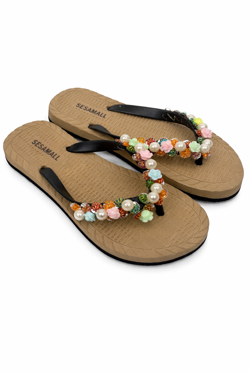 Zehentrenner Sandale mit Perlen & Blumen, Gr. 36-39