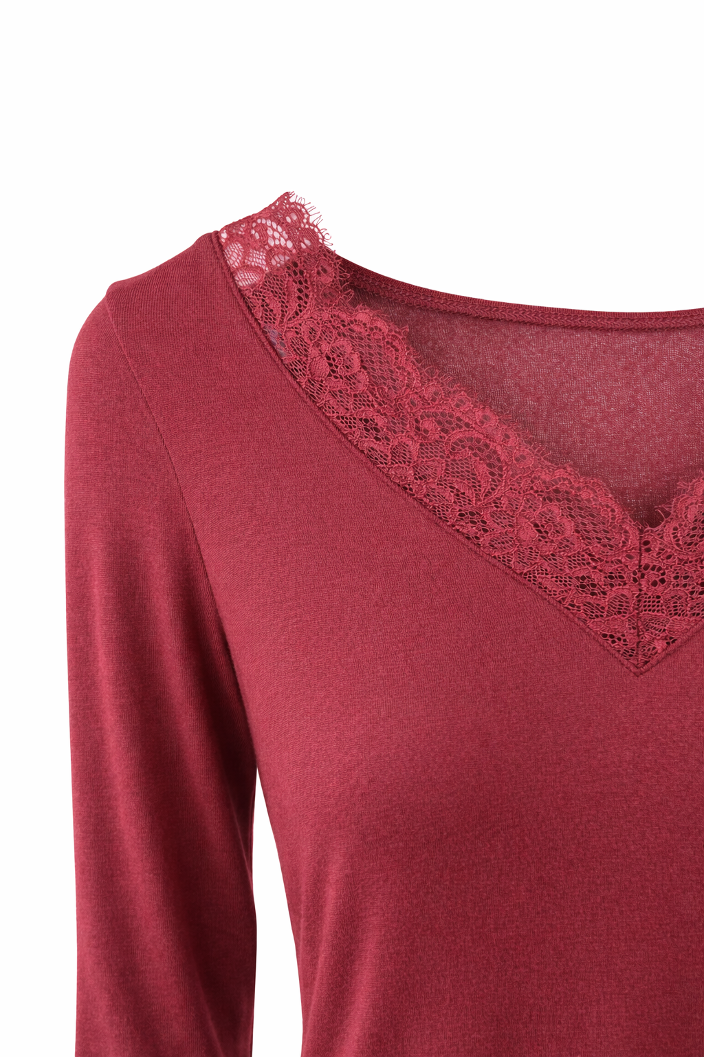 Elegantes Langarmshirt mit Spitze Bordeaux Gr. 38