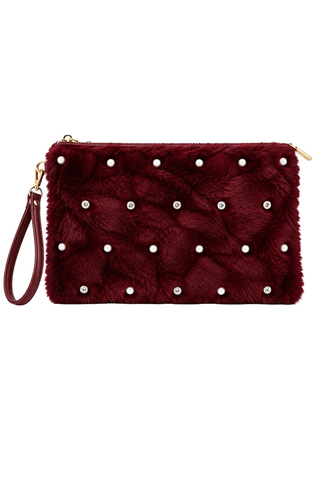 Flauschige Clutch mit Strassdetails bordeaux