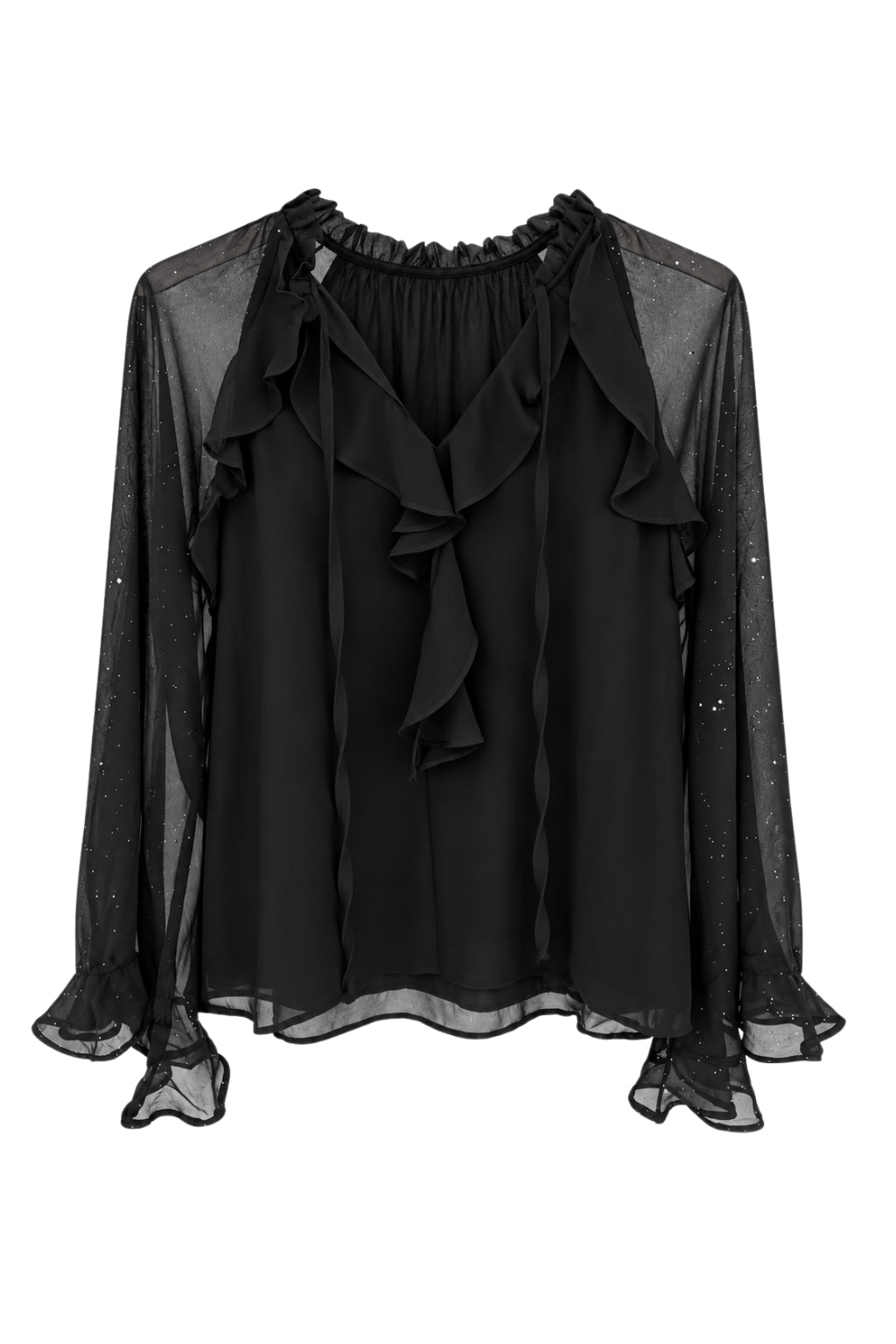 Schwarze Rüschenbluse mit Glitzer-Details, gr. 36-48