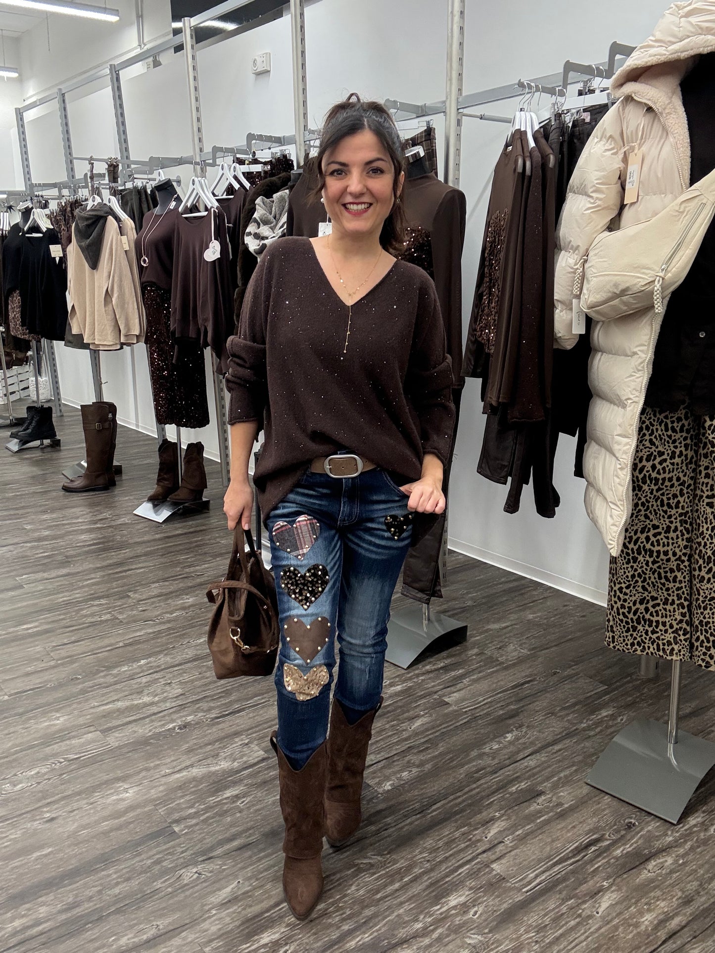 Glitzerpullover dunkelbraun, Gr. 36-44