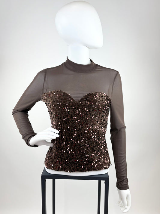 Mesh-Oberteil mit Pailletten-Corsagen-Optik braun, Gr. 34-40