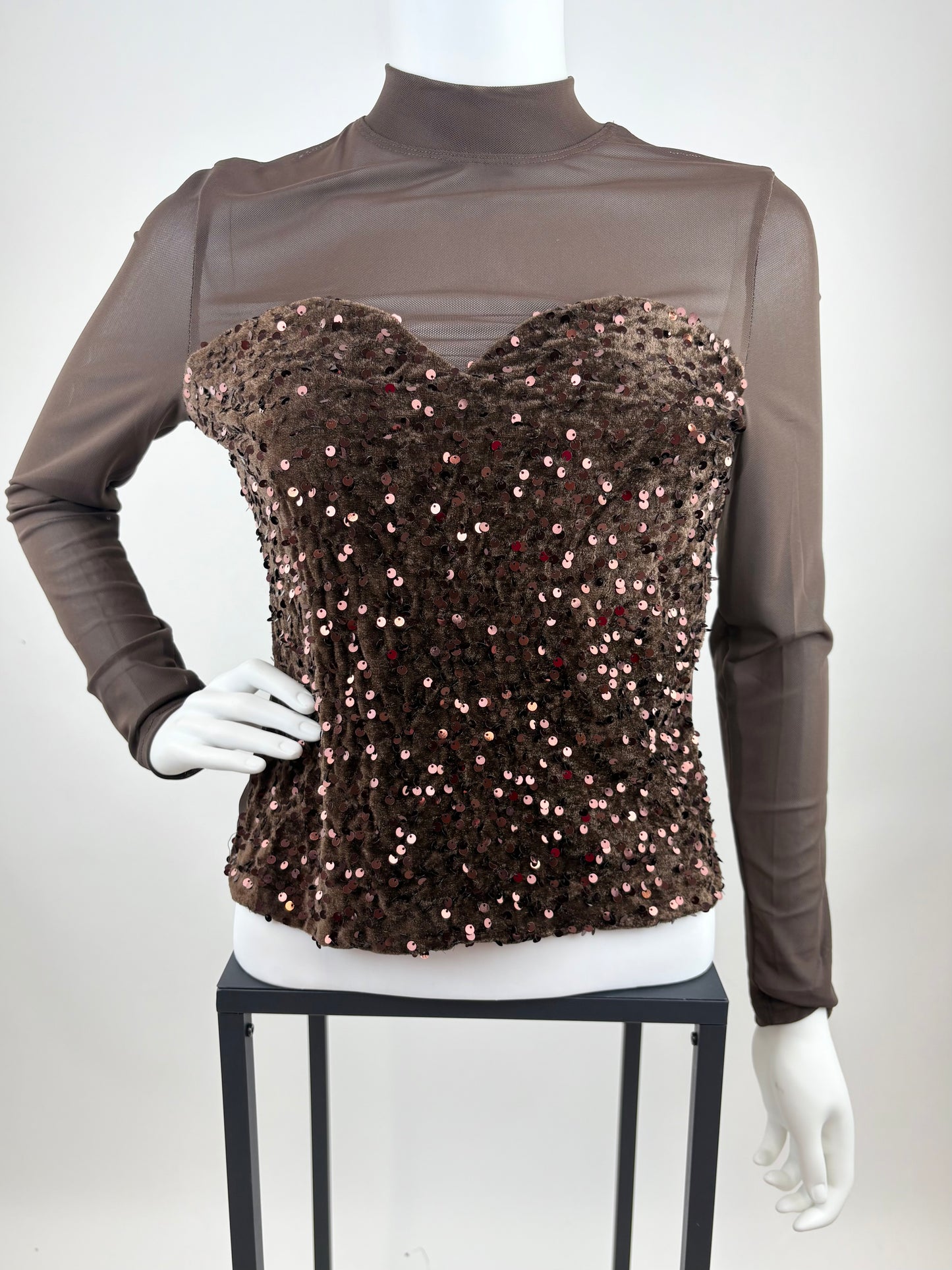 Mesh-Oberteil mit Pailletten-Corsagen-Optik braun, Gr. 34-40