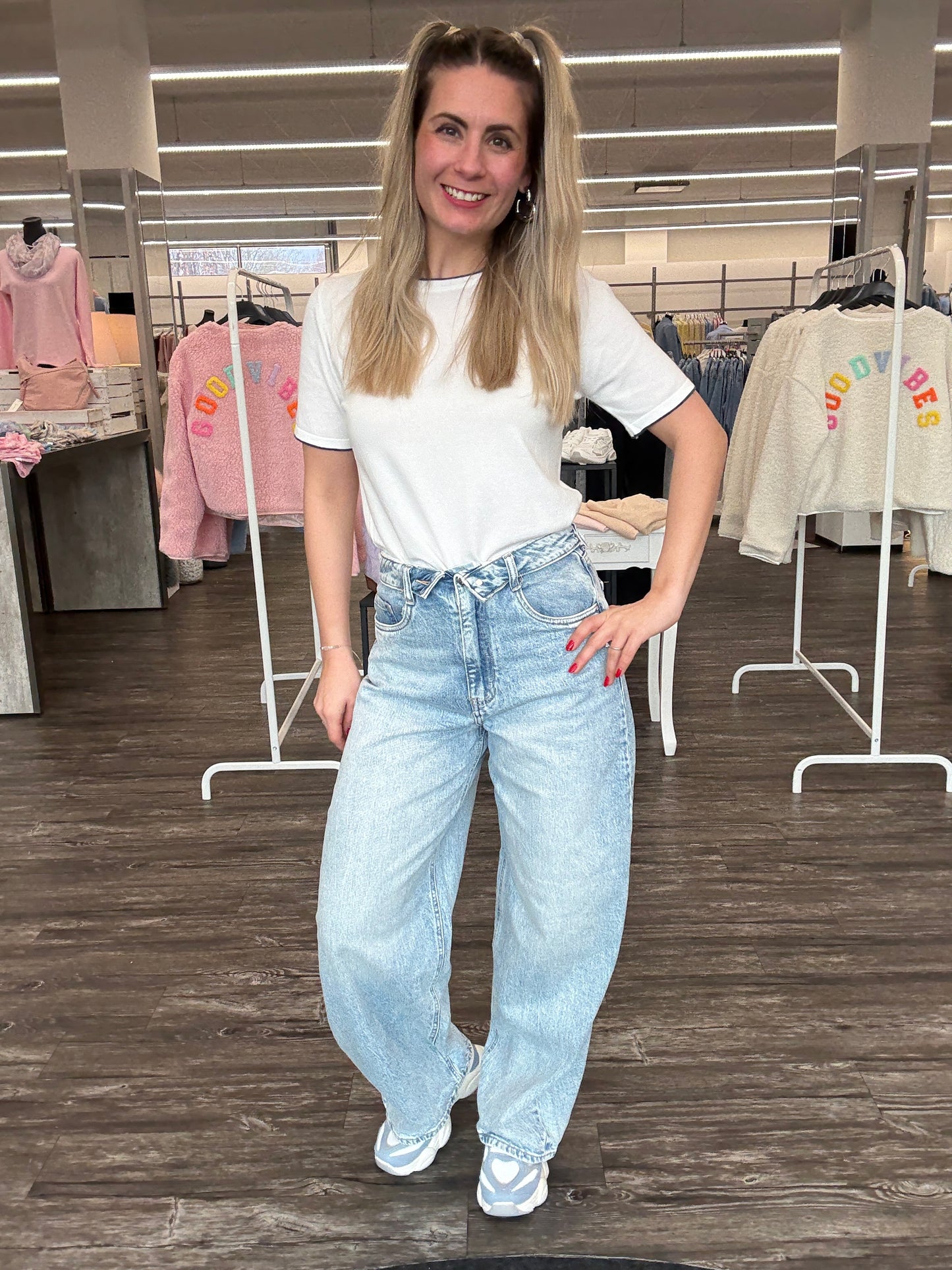 Feinstrick T-Shirt mit Kontrastdetails Gr. 36-40