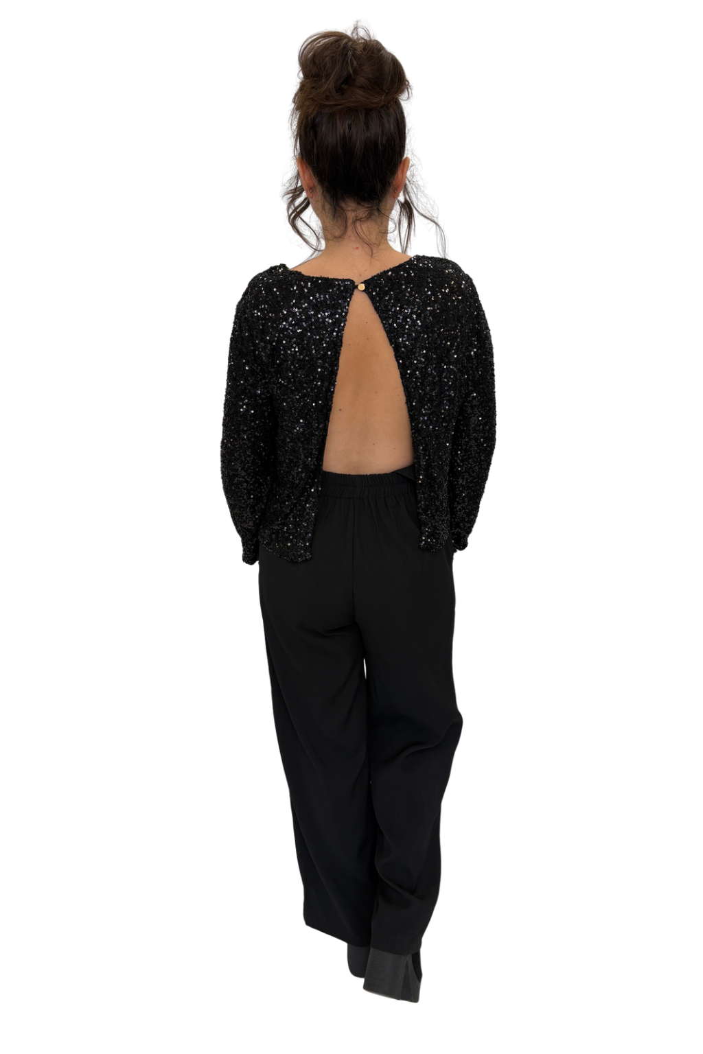 Schwarzer Pailletten-Jumpsuit mit raffiniertem Rückenausschnitt