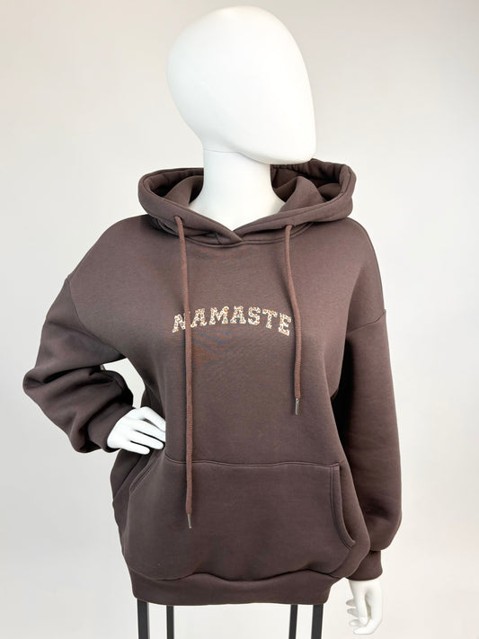 Oversized Hoodie „Namaste“ – Braun mit Leo-Print Gr. 38-44