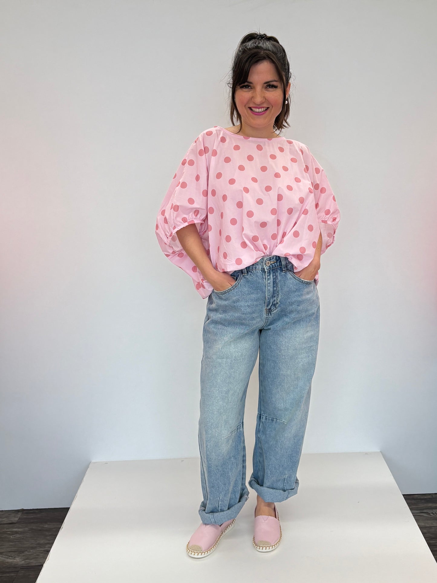 Bluse mit Punkten rosa, Gr. 38-44