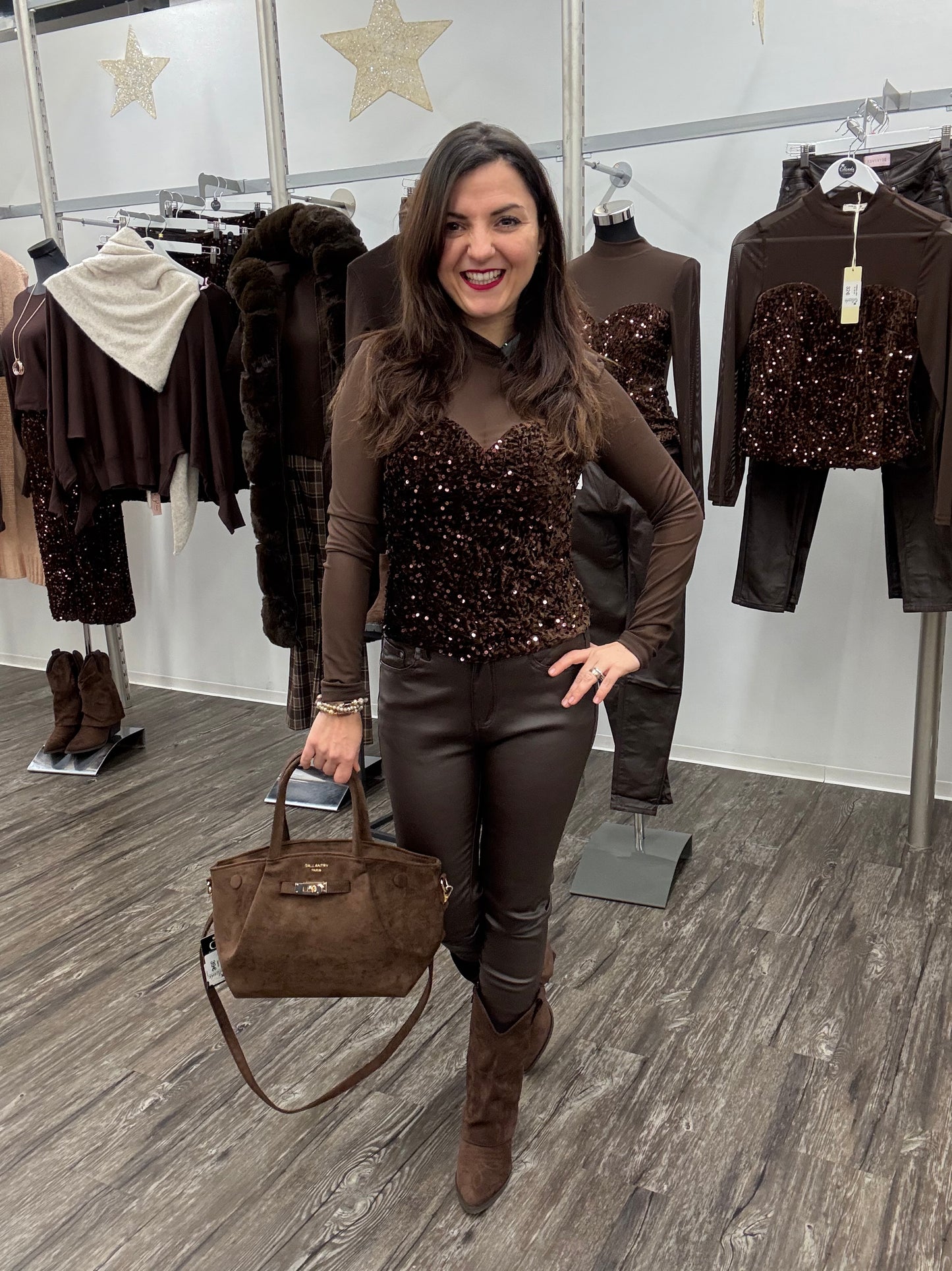 Mesh-Oberteil mit Pailletten-Corsagen-Optik braun, Gr. 34-40