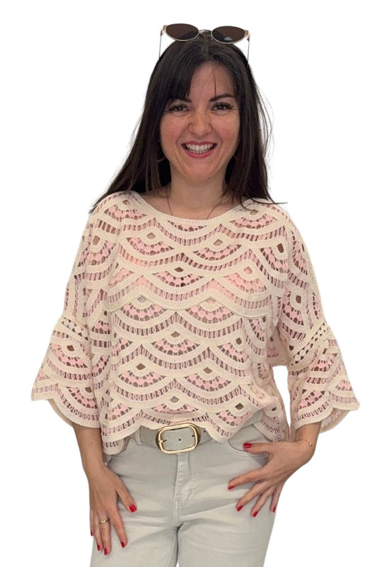 Häkelpullover rosa/beige, Gr. 36-42