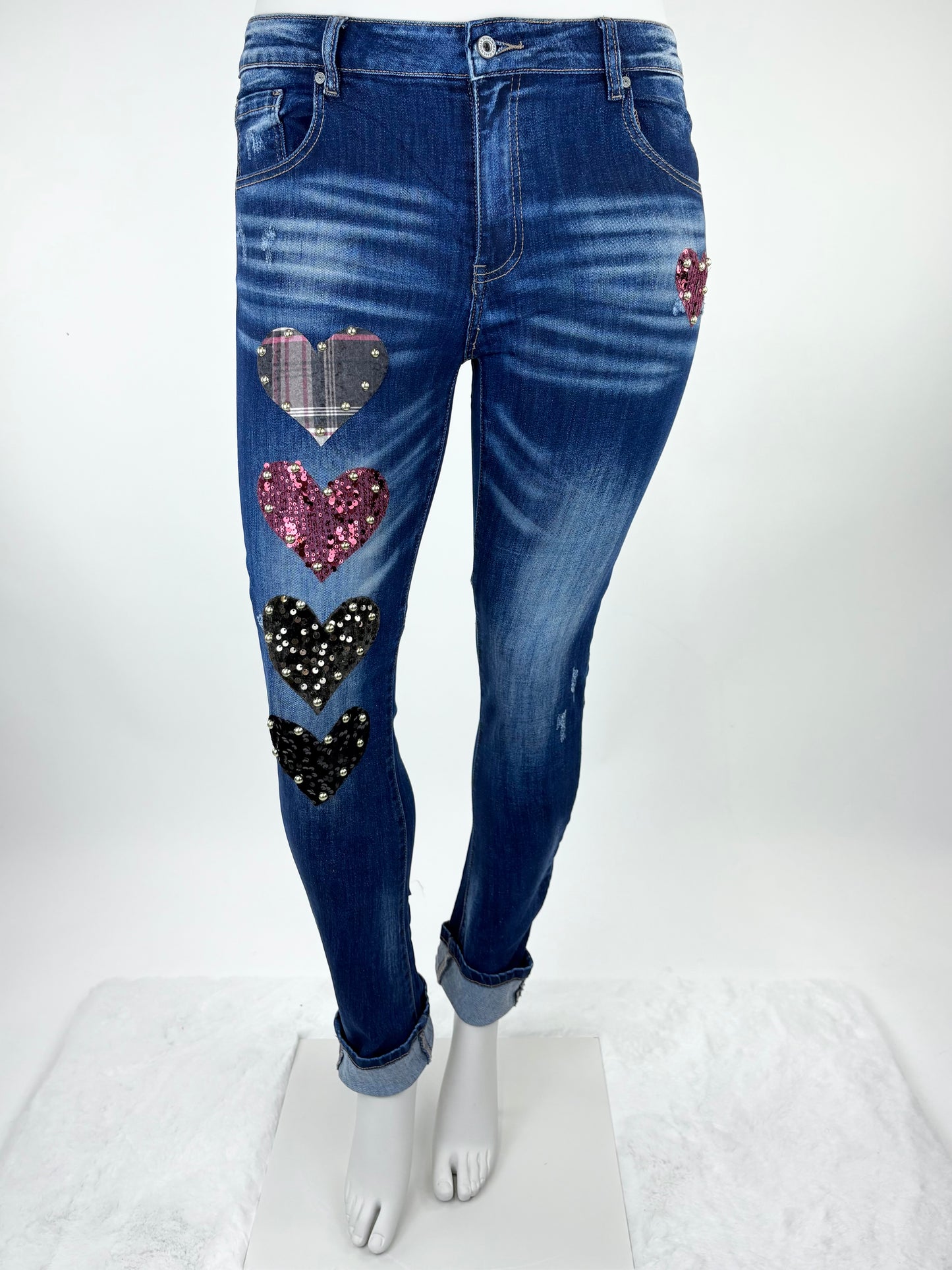 Jeans mit funkelnden Herz-Applikationen bordeaux Gr. 36-42