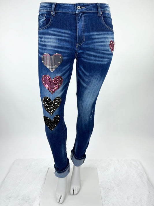 Jeans mit funkelnden Herz-Applikationen bordeaux Gr. 36-42