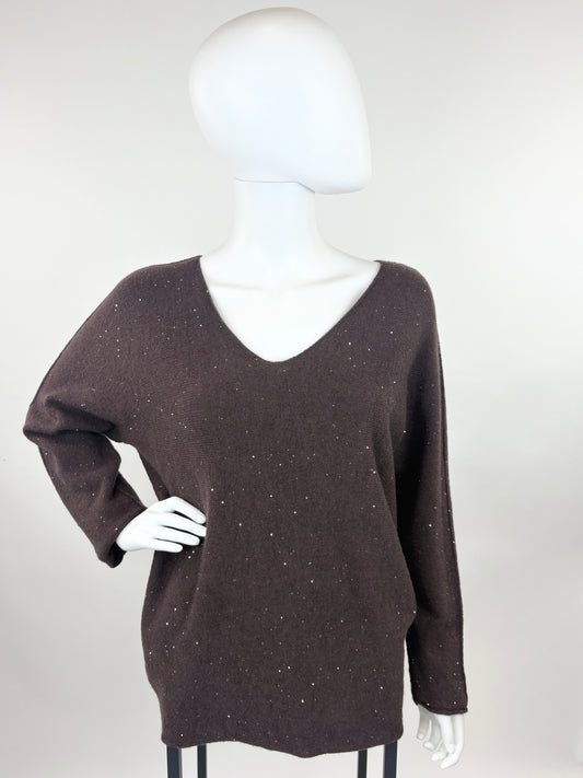 Glitzerpullover dunkelbraun, Gr. 36-44