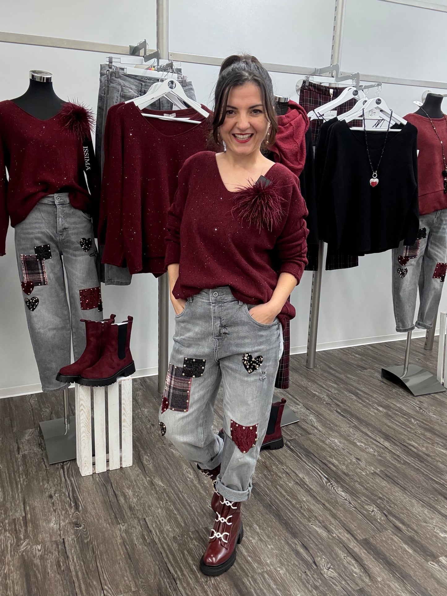 Jeans Pailletten + Patches grau, Gr. 36-42