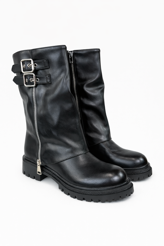 Schwarze Biker-Boots mit Zierschnallen Gr. 37