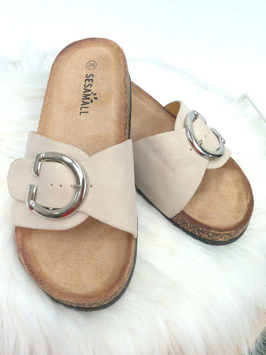 Pantolette Schnalle beige, Gr. 37-40