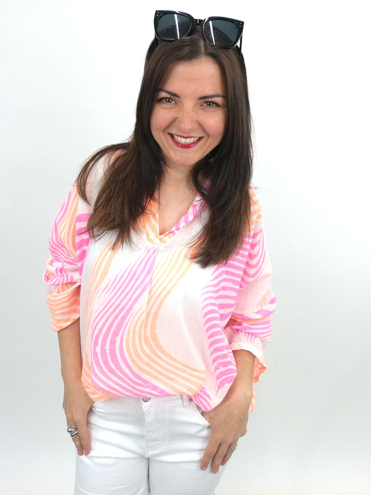 Bluse Muster neonpink, Gr. 36-42