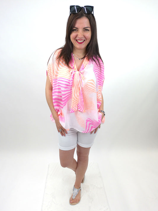 Sommerbluse Muster neonpink Bindeband, Gr. 36-42