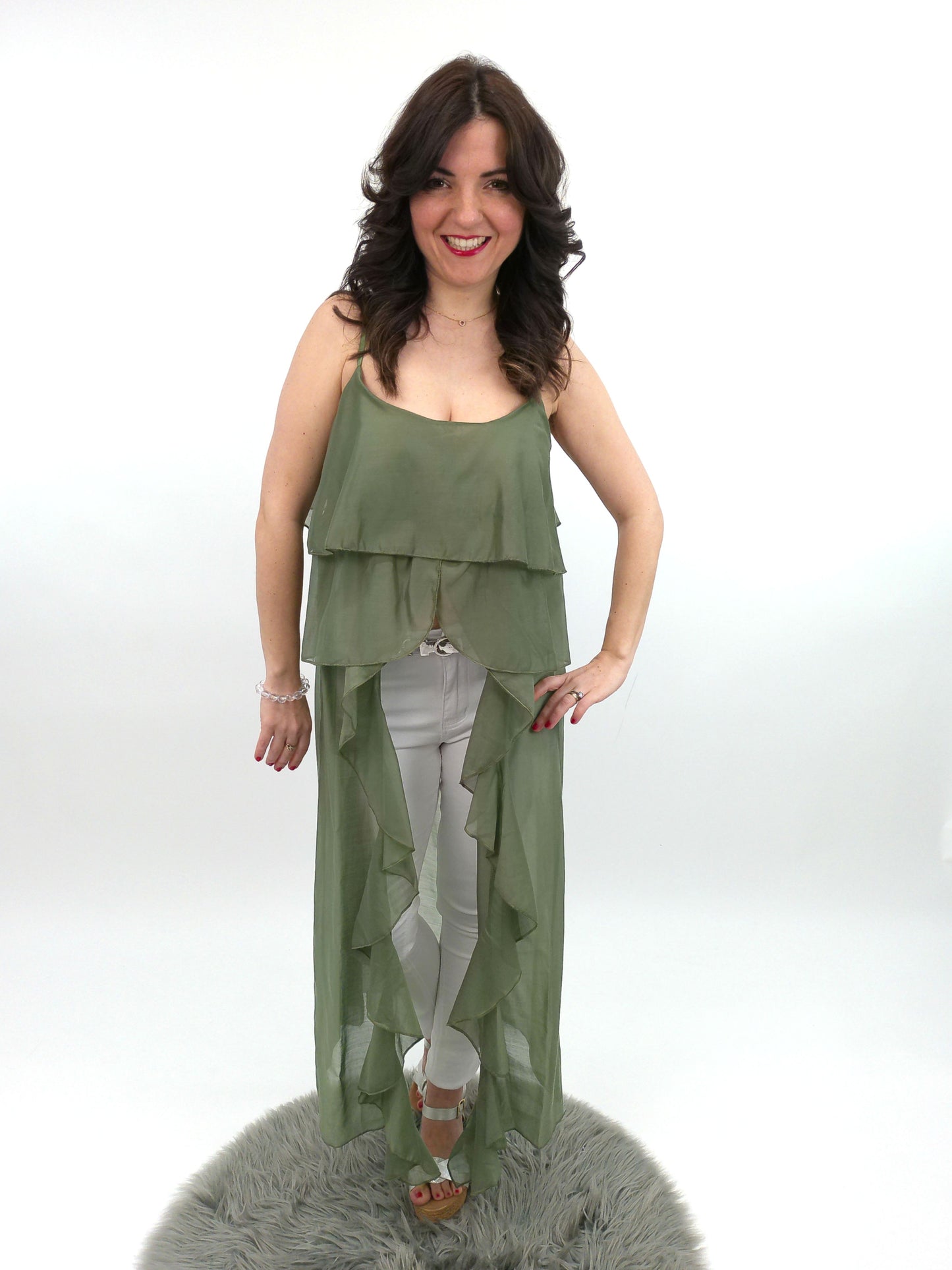 Chiffon Oberteil lang oliv, Gr. 34-38