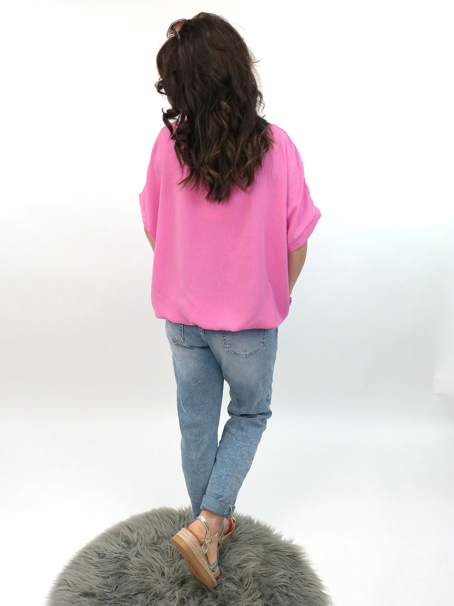 Bluse kurzarm mit Kette pink, Gr. 36-42