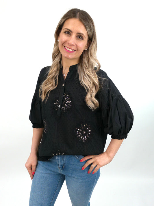 Bluse Blüten schwarz, Gr. 36-42
