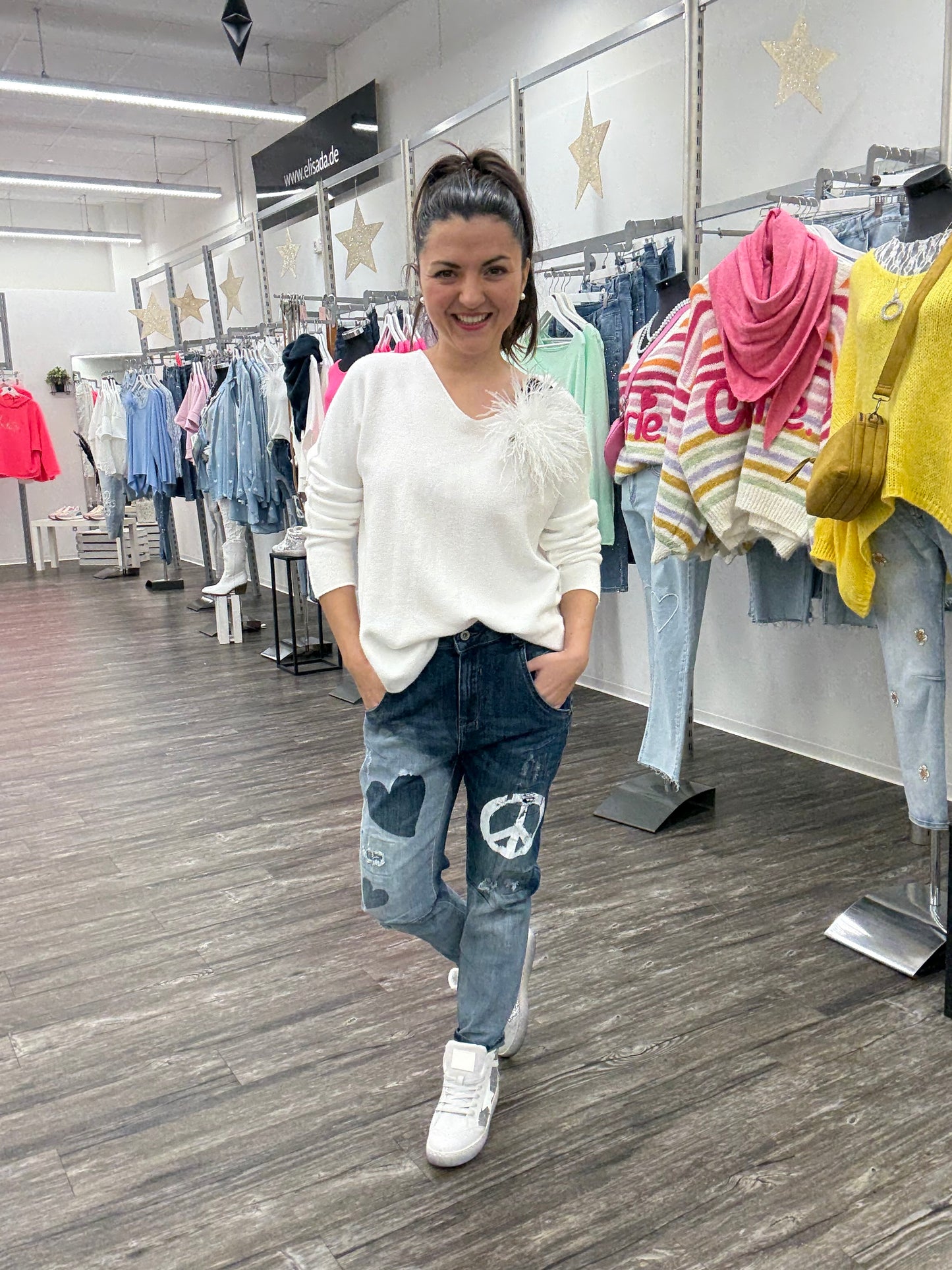 Pullover V-Ausschnitt weiß, Gr. 36-42