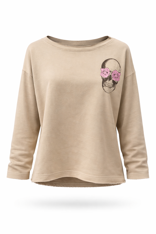 Oversize Sweatshirt mit Skull-Print & floralen Details beige, Gr. 36-42