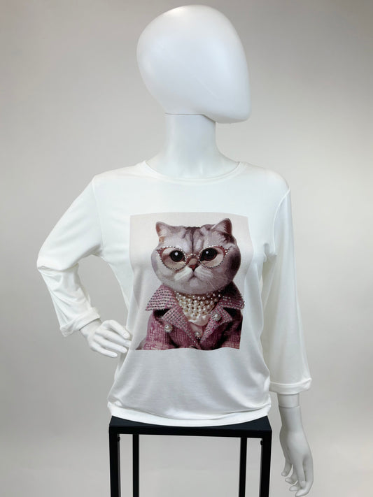 Shirt Katze weiß, Gr. 34-38