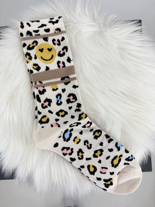Socken Smiley + Leo-Print bunt, Gr. 36-41