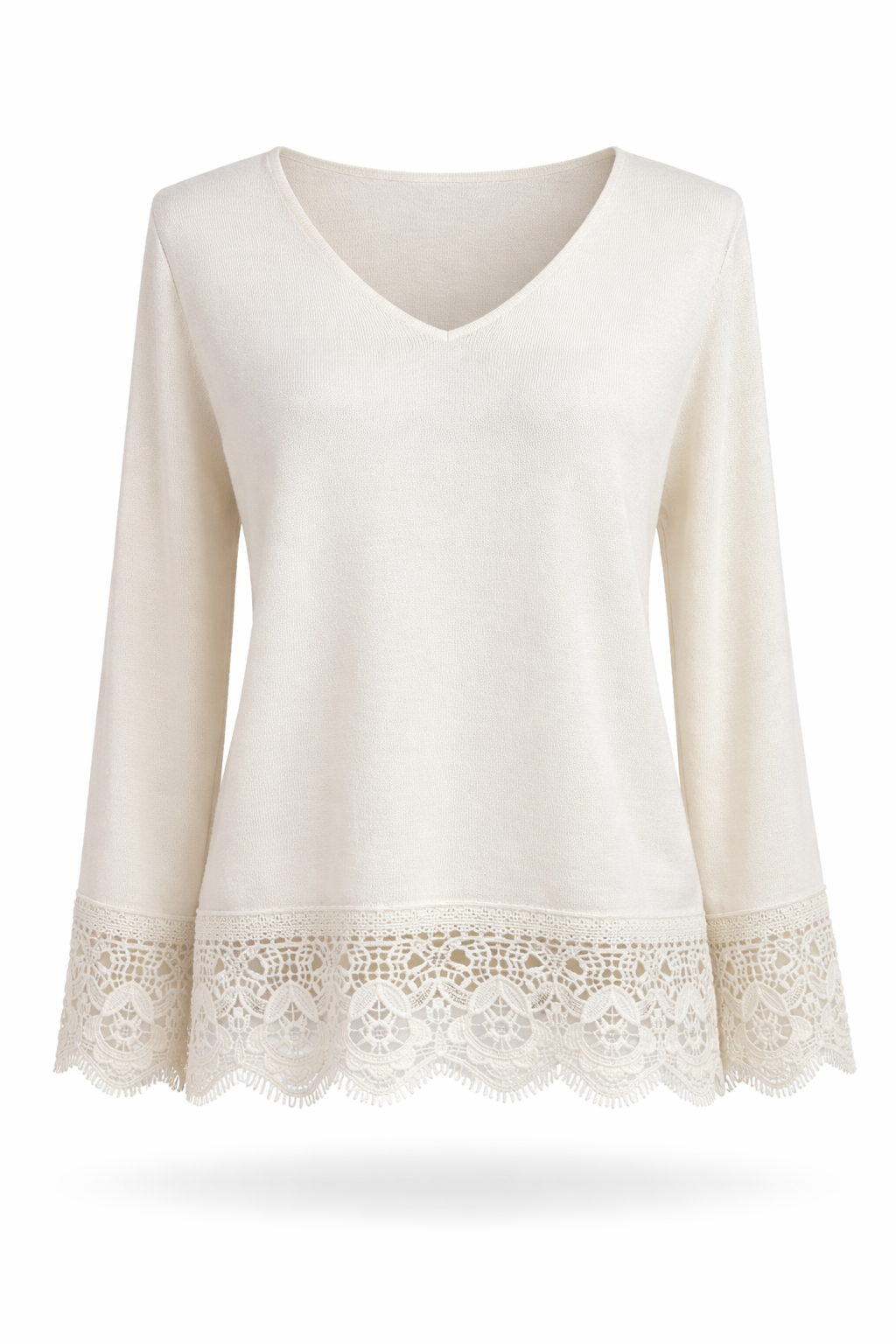 Damen langarm Shirt mit ausgestellten Ärmeln & Wimpern-Spitze beige, Größe 36-42