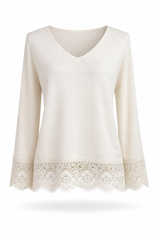 Damen langarm Shirt mit ausgestellten Ärmeln & Wimpern-Spitze beige, Größe 36-42