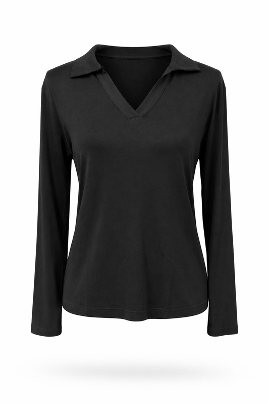 Langarmshirt mit Kragen schwarz, Gr. 36-42