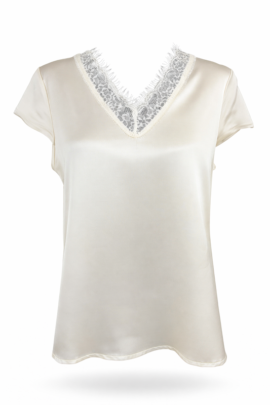 Satin-Blusenshirt mit Spitze beige, Gr. 36-44