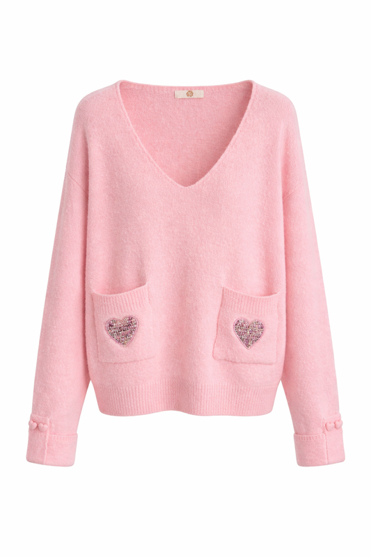 Pullover Damen rosa mit Tweed Herzchen , Gr. 36-42