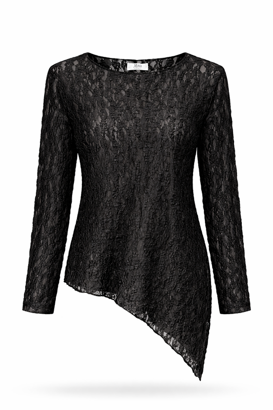 Asymmetrisches Spitzenshirt schwarz Gr. 36-42