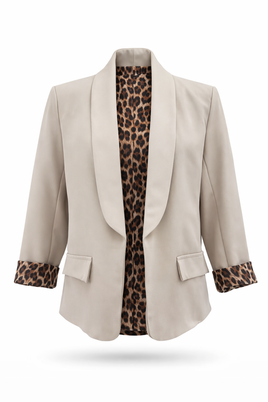 Moderner Blazer mit Reverskragen und Leo-Detail beige, Gr. 34-44