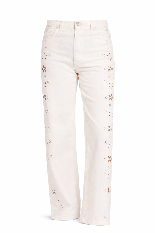 Straight-Leg Jeans mit Blumen-Lochmuster off-white, Gr. 34-42