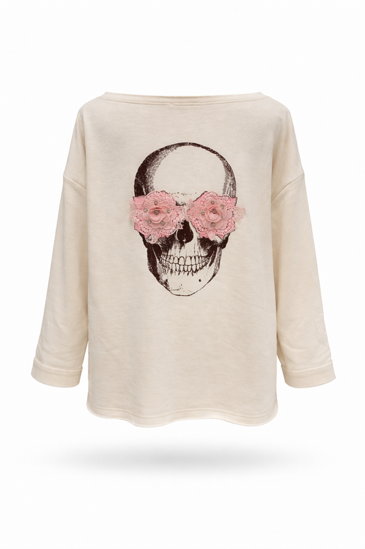 Oversize Sweatshirt mit Skull-Print & floralen Details creme, Gr. 36-42