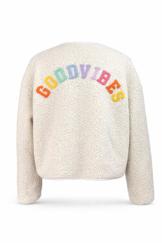 Bomberjacke in Teddy-Optik mit Statement-Rückenprint weiß, Gr. 36-42